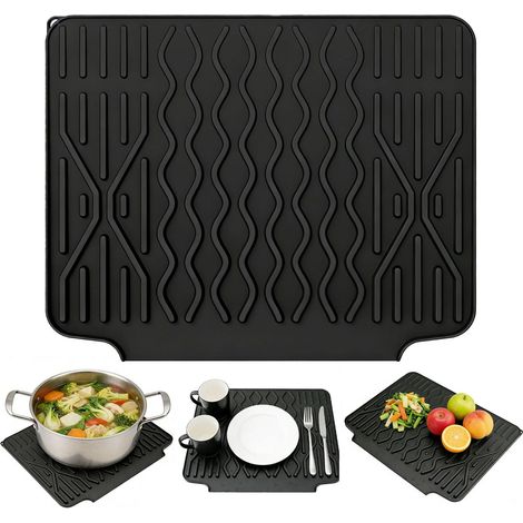 Tapis Egouttoir Vaisselle Silicone avec Grande Ouverture Guidage D'eau Résistant la Chaleur pour Égoutter Plaque Tasses Facile a Nettoyer Ranger 40x32,5 CM Noir -'Parent'-'-