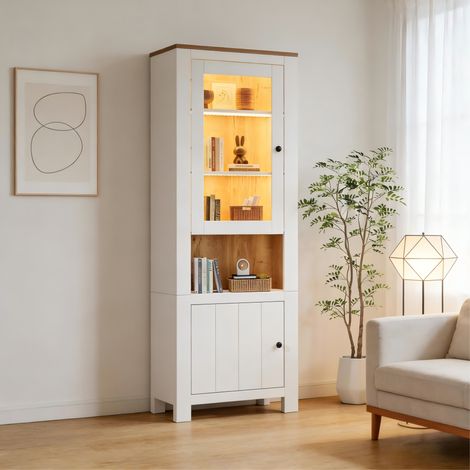 Hochvitrine 70 x 40 x 188 cm mit LED, Glastüren, weiß und Holzoptik HAVRYA (1/5)