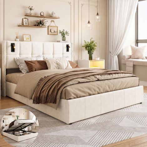 Lit Coffre 160 x 200 avec Sommier,Lit 2 Personnes avec Lampes de Lecture,lit 160x200 avec à Lattes,Lit Rembourré Beige,Velours (1/5)