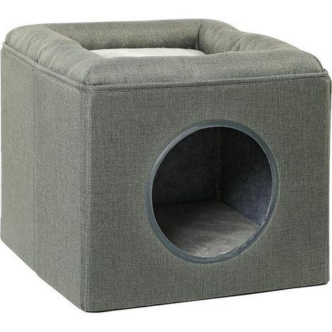 Maison Niche pour Chat 2 Niveaux avec Coussin Moelleux en Peluche, 36,5 x 36,5 x 33 cm Gris (1/5)