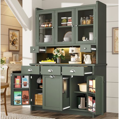 Buffet de cuisine 120x40x180 cm vert en MDF et métal avec éclairage LED USB, 3 portes vitrées, 3 tiroirs et sécurité anti-basculement (1/5)