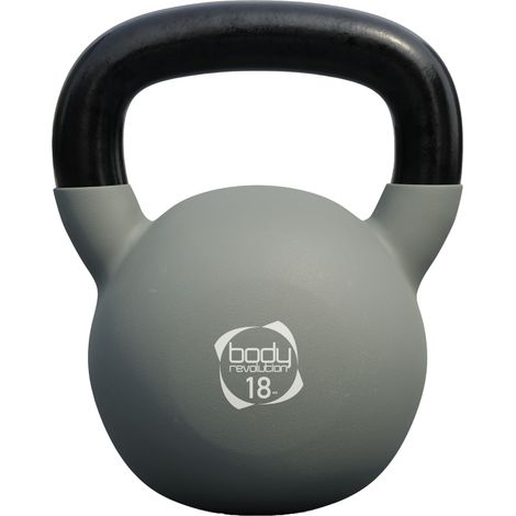 Kettlebell de 18 kg gris en hierro fundido con base plana y mango ergonómico. Revestimiento de neopreno y codificación por colores para entrenar con seguridad en casa o gimnasio