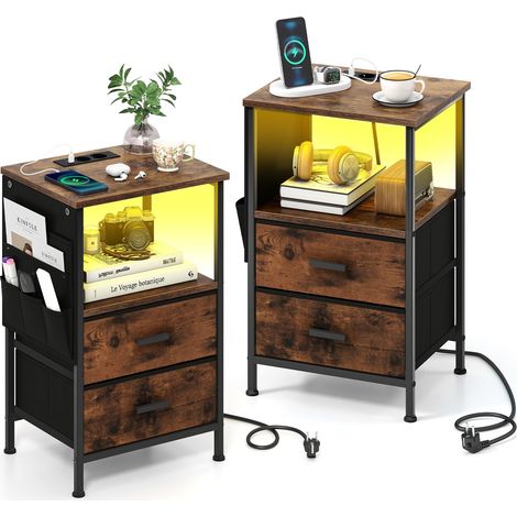 COSTWAY Tavolino da Salotto con Stazione di Ricarica, 2 Cassetti in Tessuto Pieghevoli, 6 Tasche Laterali e Luci LED Personalizzabili, Tavolino per Camera da Letto e Soggiorno (2) (1/5)