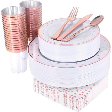 de vaisselle jetable pour 10 personnes, assiettes en plastique or pailleté, couverts et serviettes inclus, idéal fêtes et événements (1/5)