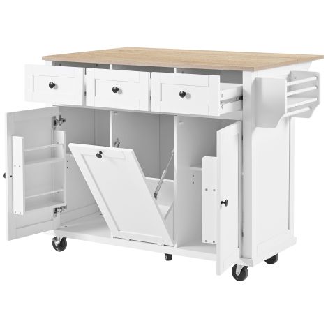 Îlot de cuisine sur roulettes — Doté d'un espace repas extensible, d'un compartiment pour poubelle et de tiroirs — Îlot mobile, idéal pour cuisines et salles à manger (Blanc) (1/4)