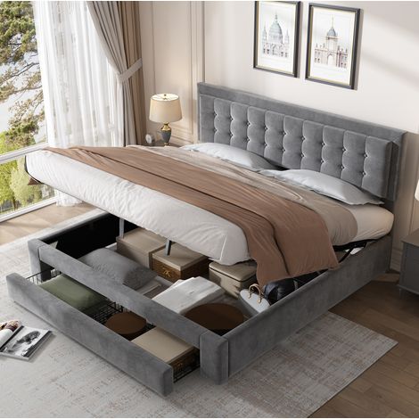 Polsterbett 160/200 cm grau aus Samt mit Stauraum und verstellbarem Kopfteil (1/5)