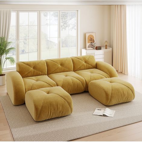 Sofá modular en U de 3 plazas sin estructura, 2 pufs, 281 x 171 x 76 cm, chenilla amarilla, REDOM (1/5)
