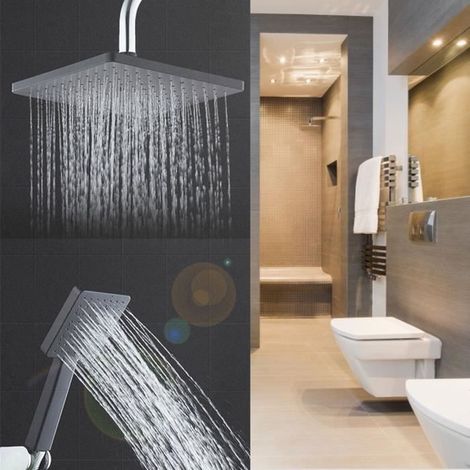 2pcs Douchette Tête Carrée à Effet Pluie -Retro Pomme de Douche Haute Pression- Chrome Réglable Noir Mat (1/4)