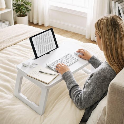 Lot de 1 table de lit pliante avec support tablette, plateau petit-déjeuner 59,5 x 39,5 cm, blanc (1/5)