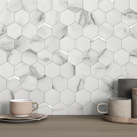 Mosaïque carrelage adhésif pour cuisine type pierre, carrelage autocollant pour cuisine, température, panneau mural décoratif de salle de bain hexagonal (10 carreaux, blanc) (1/5)