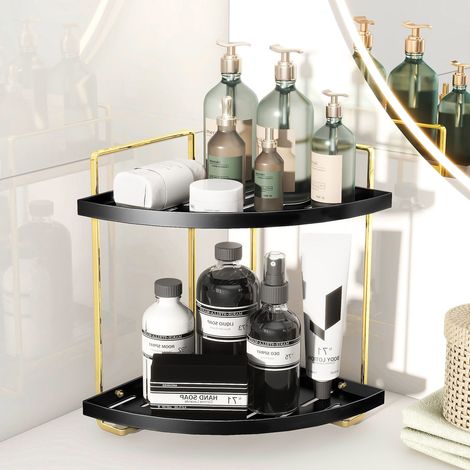 Étagère d’Angle de Salle de Bain à 2 Niveaux Noir et Or - Organisateur de Comptoir pour Produits de Beauté et Accessoires, Design Moderne avec Structure en Métal Doré