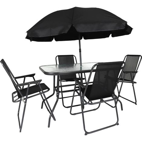 Altobuy – Salon de jardin 4 places – Table métal 120x75cm avec plateau en verre trempé – 4 fauteuils pliants en toile noire (1/5)
