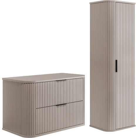 Rodan Badmöbel Set Beige Matt, Waschbeckenunterschrank 41,5 x 80 x 51,7 cm und Hochschrank 35 x 139 x 31 cm, feuchtraumgeeignet