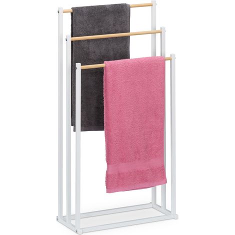 Relaxdays Toallero de Pie, 86x44x21 cm, Portatoallas Metálico, Colgador Toallas, 3 Barras Efecto Madera, Blanco/Natural