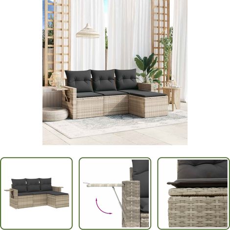 Gartensessel - 4-tlg. Garten-Sofagarnitur mit Kissen Hellgrau Poly Rattan (1/5)
