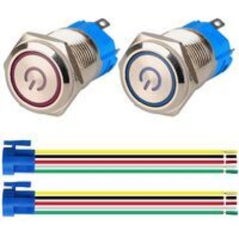 2 Stück verriegelnder Drucktastenschalter 1NO1NC, Edelstahl, wasserdicht, 220 V–230 V/5 A, LED-beleuchteter Schalter mit Steckdose, passend für 16 mm Montageloch (blau + rot)
