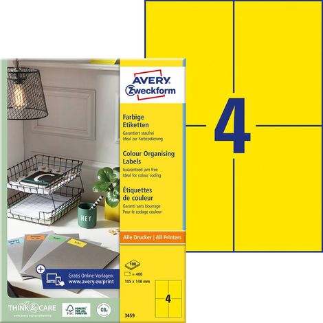 Avery-Zweckform 3459 Etichetta universale 105 x 480 mm Carta Giallo 400 pz. A tenuta permanente Stampante a getto d'inc (1/5)