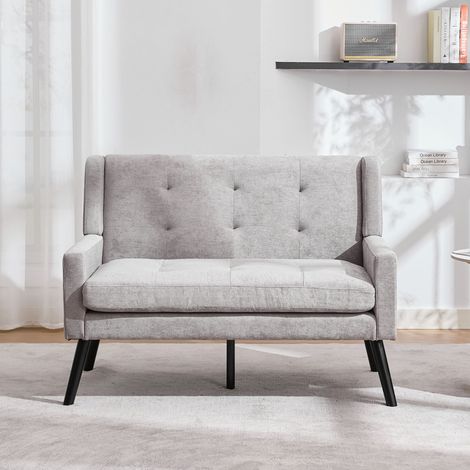 Banc 2 places lin luxueux-Mi. Coussins épais,pieds bois stables,finition boutonnée pour salon,chambre et bureau.