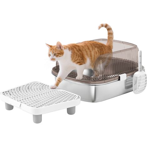 Bac à litière pour chat, en acier inoxydable, gris, nettoyage pratique, toilettes chat maison, usage maison, format pratique fini