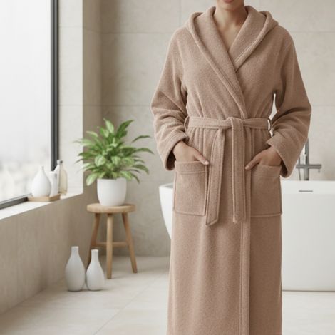 Peignoir Satiza, 100% Coton avec Capuche, Nuance Couleur Sable, Taille XL, Marron Sable