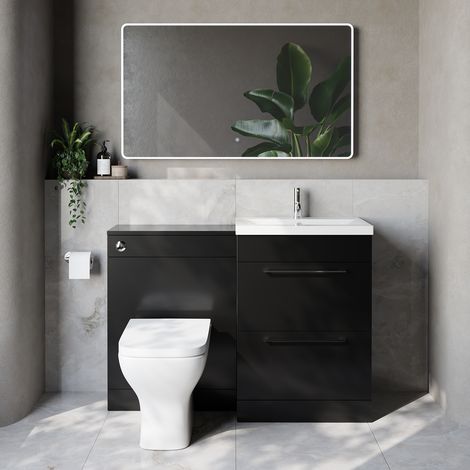 Napoli 390 Cento Matt Black 1200mm 2 Drawer Vanity Unit Toilet Suite with Glide Basin - 1200mm - Chrome 320mm HandleWith Kingston Toilet Pan and Seat