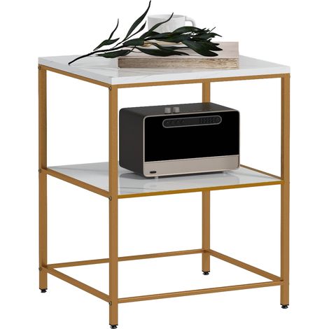 Tavolino laterale, tavolino d'appoggio con 2 ripiani effetto marmo e struttura in metallo color oro, 44L x 40W x 54,5H cm
