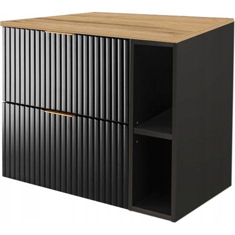 Rodan Waschbeckenunterschrank 80 cm, Schwarz Matt mit schwarzer Ablage und brauner Waschtischplatte, 46 x 80 x 57 cm, feuchtraumgeeignet