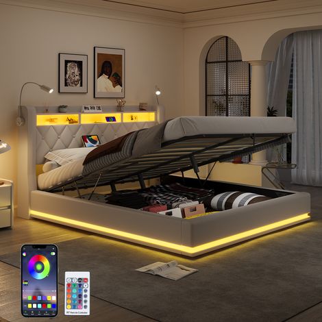 JANZDIYS - Lit 140 x 190 avec sommier - Lit coffre 140x190 avec bande RGB et Lampe de chevet - Prise USB-C - Lit simple adulte avec rangement hydraulique - Beige (1/5)