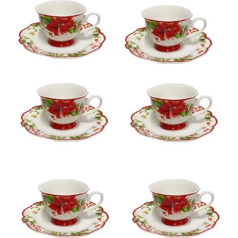servizio di 6 Tazzine da Caffè completo di piattini  Stella di Natale Rossa ottima idea regalo natalizio