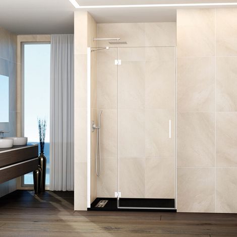 Mampara de ducha frontal GLASS fijo + puerta abatible con cierre a pared 85 cm perfil Blanco brazo ajustable (20+65) (1/5)