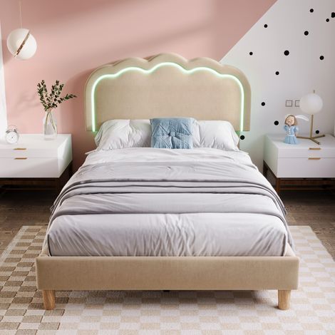 Lit simple enfant 90x190 cm Lit rembourré avec tête de lit LED Tissu lin beige Sommier à lattes Montage facile (1/5)