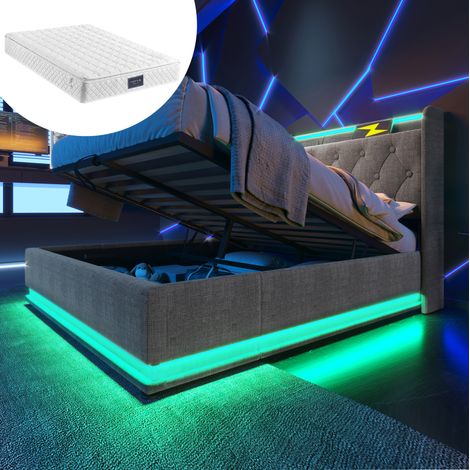 Bett 160x200 cm gepolstert mit hydraulischem Stauraum, 360° LED, Kopfteil mit USB/Type-C, Leinen Grau, mit Matratze (1/5)
