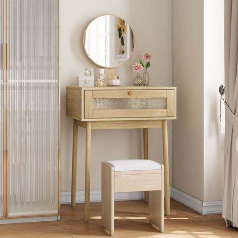 Toeletta in rattan con specchio rotondo, 60 cm, finitura rovere chiaro, 1 cassetto, OKWISH (1/5)