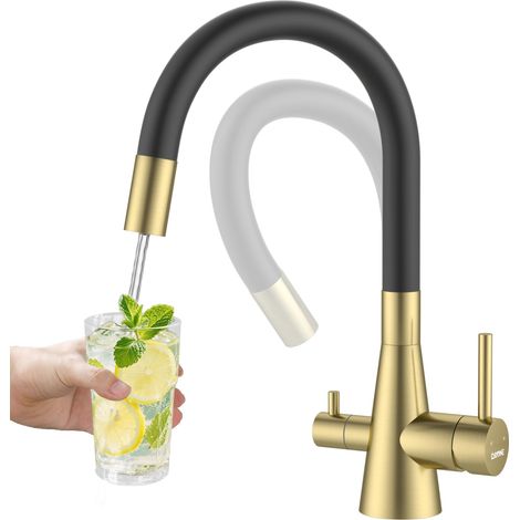 Robinet de cuisine 3 voies flexible en or, mitigeur 3 en 1 pour filtre à eau par osmose, robinet de cuisine pivotant à 360° avec tuyau Soft-Touch, robinet d'eau potable à double levier (1/5)