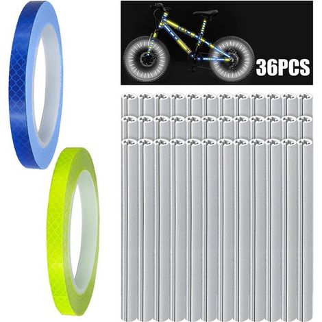 Strisce riflettenti per raggi di bicicletta: 36 strisce riflettenti + 1 rotolo di pellicola riflettente blu e gialla. Pellicola riflettente per raggi di bicicletta. (1/5)