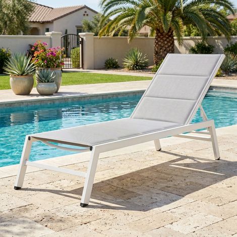 Chaise longue de jardin respirante, dossier réglable 6 positions, structure aluminium, gris clair, confort ergonomique (1/4)