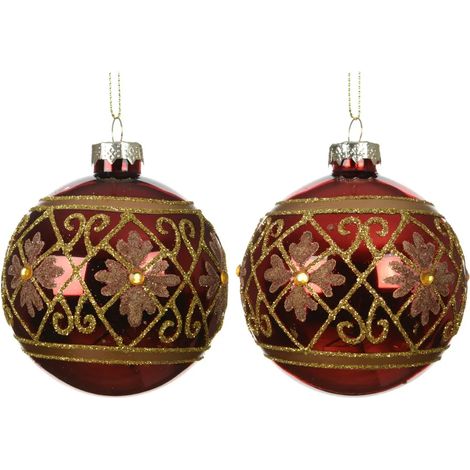 Rote Glas-Weihnachtskugel mit goldenen Blumen Ø8 cm