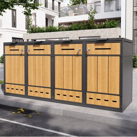 Copri bidoni da esterno per 4 bidoni da 120-240 L in acciaio grigio effetto legno OKMYHOME (1/5)