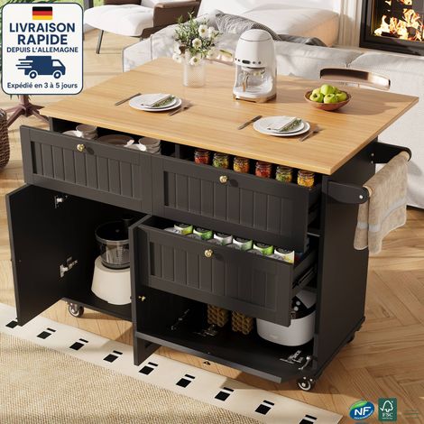 MODFU - Desserte de cuisine 2 portes 3 tiroirs, desserte roulettes, table pliante, buffet, MDF, 133x37/70x88cm, noir (1/5)