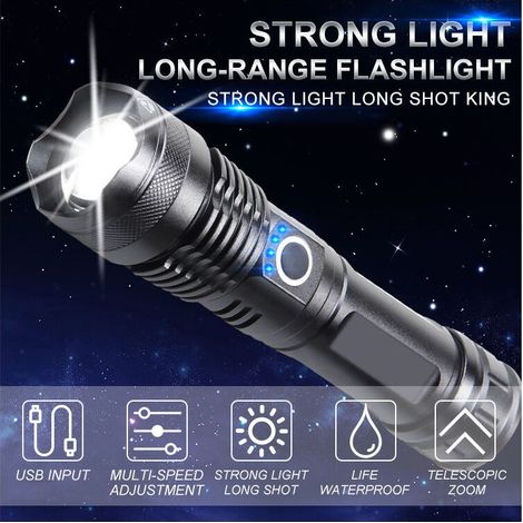 Extrem leistungsstarke LED-Taschenlampe, 12000 Lumen, wiederaufladbare Taschenlampe, XHP70.2 taktische Taschenlampe, IP67 wasserdicht, 5 Modi, USB-Taschenlampe, für Camping, Wandern und Notfälle (mit (1/5)