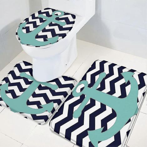3-teiliges Badteppich-Set: Badematten in Seegrün, blau-weißem Chevron-Muster, U-förmiger Konturteppich und WC-Deckelbezug, rutschfeste Badematten. (1/3)