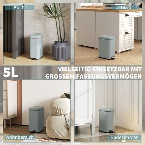 Poubelle métallique grise, 5 litres, avec pédale et seau intérieur (1/4)