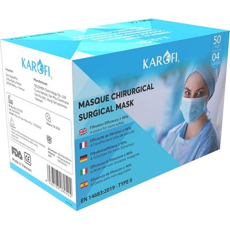 Masques Chirurgicaux Type II Médical, 4 Couches, BFE 98%, testés et approuvés, certifiés CE EN14683 : 2019, boîte 50 pcs (1/5)