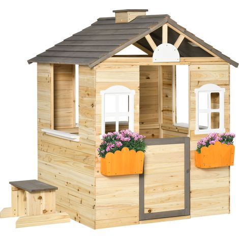 Outsunny Wooden Kids Playhouse w/ Door, Windows, Bench, For Ages 3-7 Years