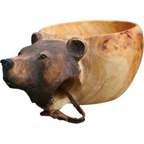Tasse en bois sculpté main tête d'animal pour voyageurs camping extérieur, gobelet artisanal nature, mug décoratif randonnée, 1 pièce XD2458-1012 (1/5)