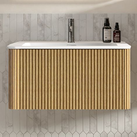 Waschbecken mit Unterschrank 81 x 46,5 x 37 cm, Mineralguss, Eiche HAVRYA (1/5)