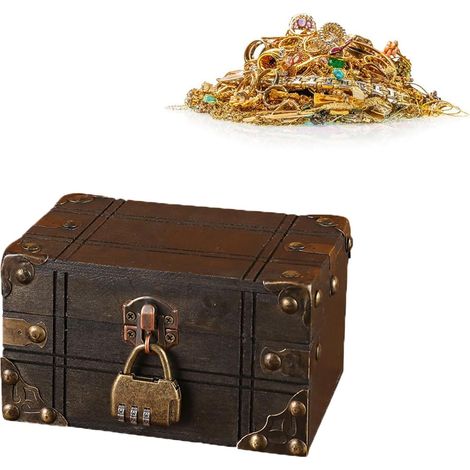 Vintage Coffre au Trésor en Bois Rétro avec Serrure à Combinaison, Petite Boite Rangement et Décoration, Tirelire, Cadeau Fait Main