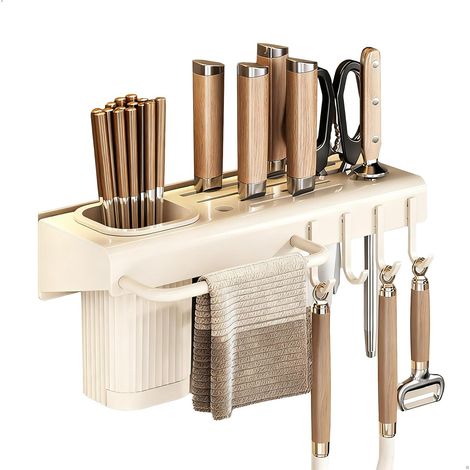 Soporte para cuchillos, estante multifuncional para cuchillos de cocina con soporte para palillos, soporte para paños y 4 ganchos, soporte para cuchillos resistente al agua, almacenamiento para cubier (1/5)