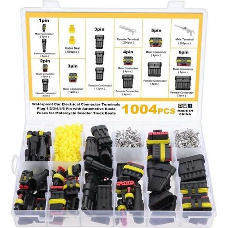 1004 Pieces Waterproof Connectors, 1/2/3/4/5/6 Pin Male/Female Car Waterproof Connectors with Blade Fuses for Boats, Trucks, Scooters, Motorcycles, 23-16AWG (1/5)