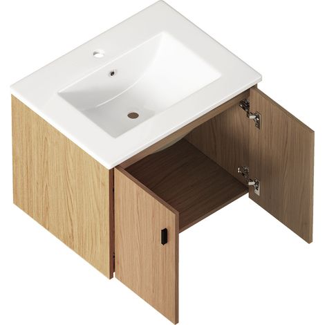 60 cm Badmöbel in heller Eiche mit Keramikwaschbecken und 2 Soft-Close-Türen (1/5)